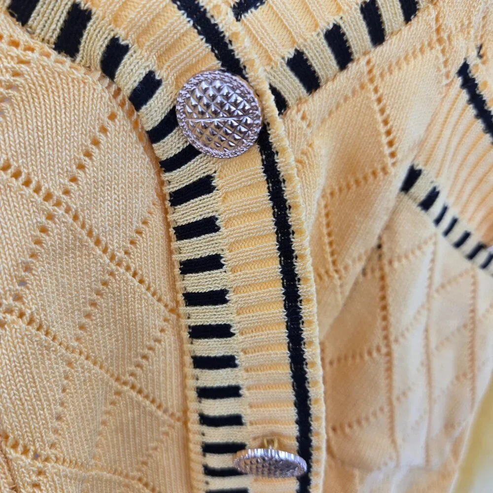Yellow Sheer Sleeve Knit V-Neck Lightweight Cardigan Blouse Size Small
